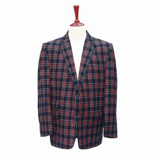 Mens Blazer Tartan Plaid Blue Red 100% Wool Party Jacket Wedding Sport Coat 46R